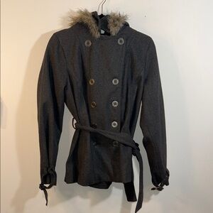 Women's Double-Breasted Gray Jacket with Faux Fur Trim